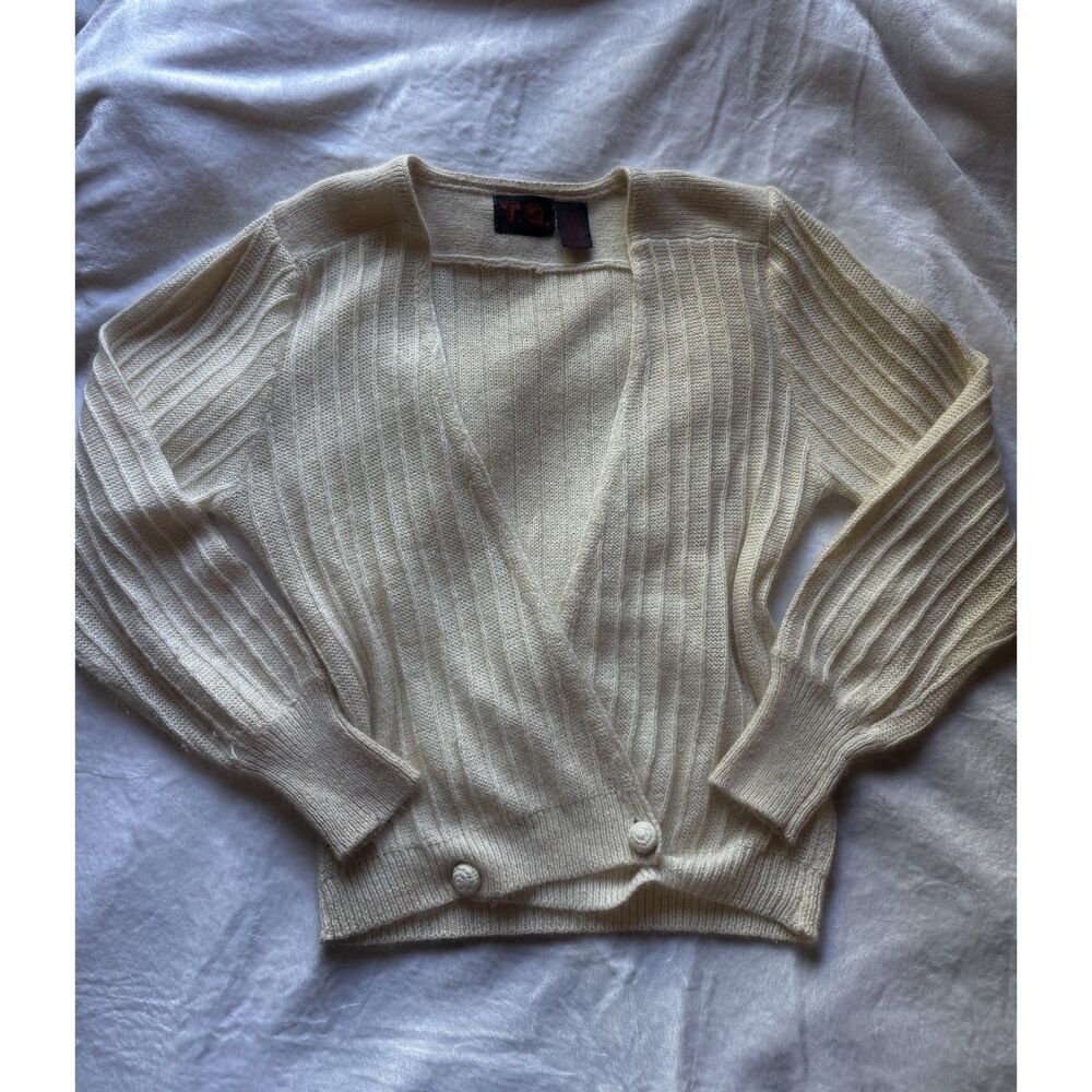 Vintage TQ Wrap Cardigan Womens L Angora Ramie Cream Ribbed Sweater Taiwan 90s